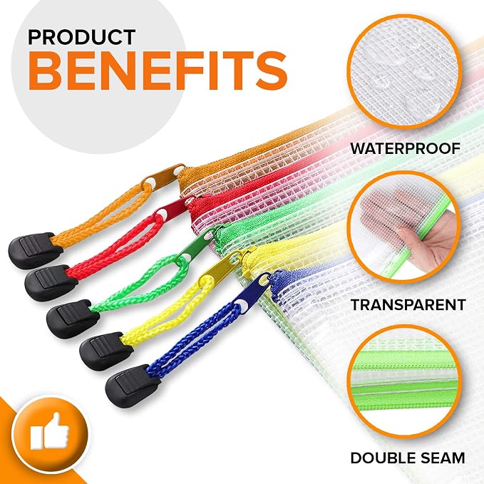 10 Pack Mesh Zipper Pouch Bags A4-13.5x9.5 in Plastic Zipper Pouches for Organizing - Document Bags With Zippers - Letter Size Zippered Pouches - Document Pouch With Zippers