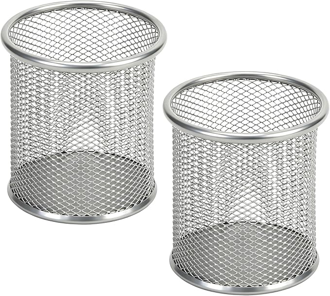 Set of 2 Mesh Pen Holders, Metal Round Pencil Cups Desk Organizer, Sturdy Wire Stationery Supplies Storage Stand for Office School Classroom Home Workspace Desktop Decor Accessories - Silver