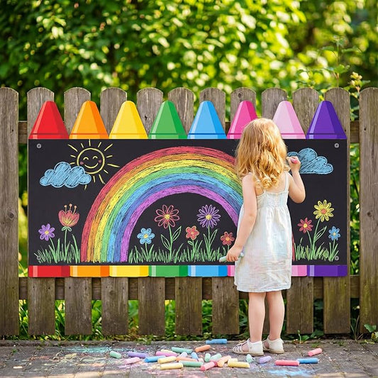 MotiMind 1 Pcs Giant Outdoor Chalkboard for Kids Suitable Indoor and Outdoor Use, Weatherproof Large Black Chalkboard Panels for Wall Back to School Decorations (Large Crayon)