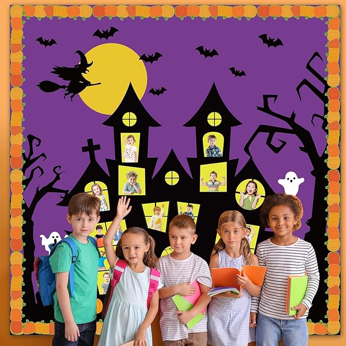 Halloween Classroom Bulletin Board Decoration Set Halloween DIY Photo Craft Castle Pumpkin Witch Bat Moon Paper Cutouts for School Offices Classroom Chalkboard Wall Holiday Decor Supplies