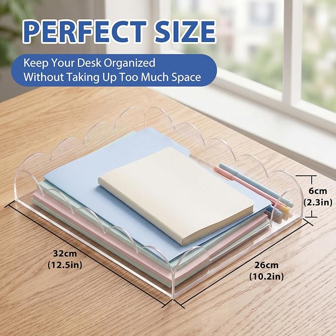Domensi 2 Pack Scalloped Acrylic Paper Letter Tray, Clear Paper Organizers for Desk, Stackable Aesthetic A4 File Holder Sorter for Home Office Document Mail, Desktop Decor and Accessories Organizer