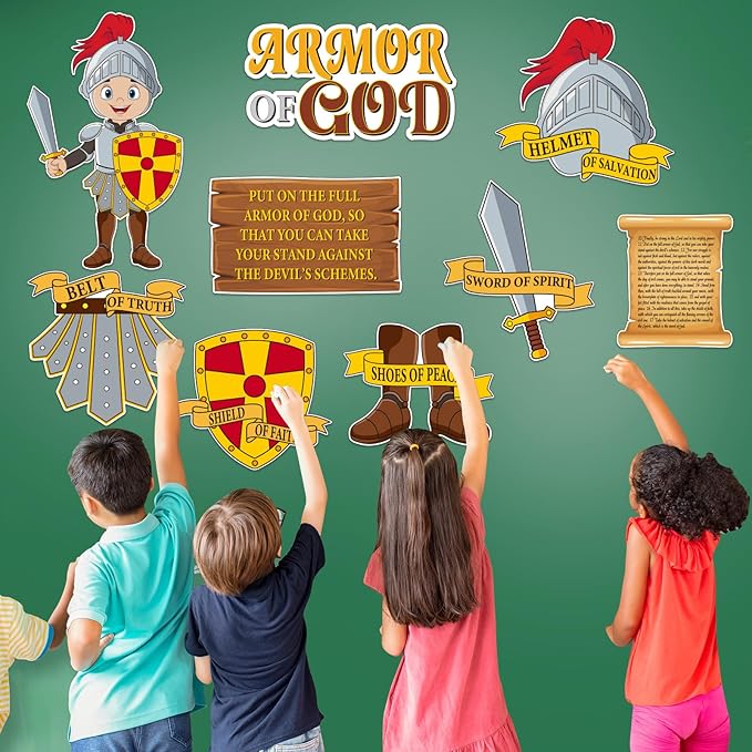 50 Pcs Armor of God Cutouts for Kids Books of The Bible Religious VBS Bulletin Board for Sunday School Religious Classroom Decorations Medieval Children Wall Home Bible Crafts Art Kit