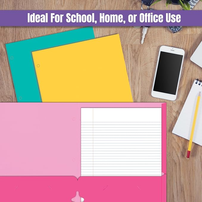 2 Pocket Folders, Assorted 7 Vibrant Colors with Complementing Interior Colors, Fits Letter Size Paper, for School, Office, Home (3 Hole Punched, 25)