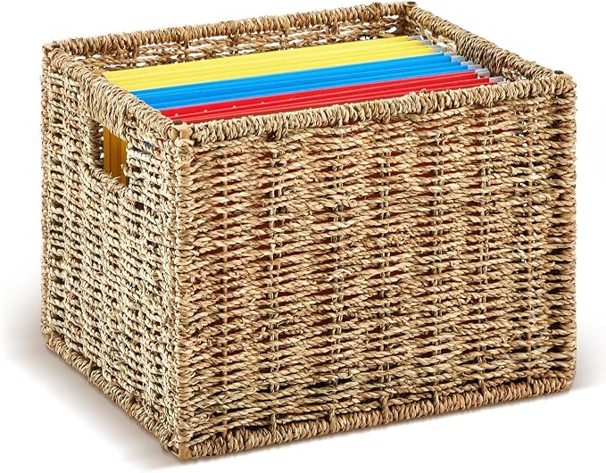 Jingmore Hanging File Box, Seagrass Collapsible Woven File Organizer for Letter Size Files, Portable Decorative Storage Basket with Handles for Home Office Decor
