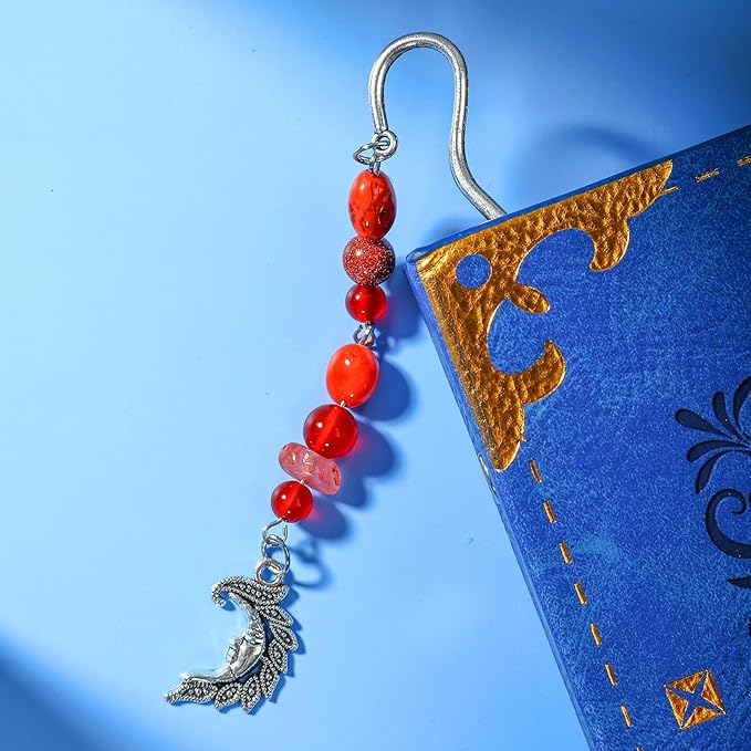 Vintage Metal Moon Bookmark Pendant with Natural Crystal Bead Chain–Elegant Bookmarks for Women,Men,Book Lovers,Teachers and Students(Red Crystal)