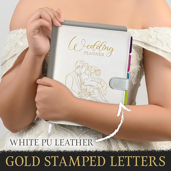 Future Mrs. Wedding Planner Book – White PU Leather with Gold Stamped Cover – Includes Gold Heart Pen & Bookmark – 7.25” x 9” Bridal Organizer for Budget, Guests, Vendors, Honeymoon & Wedding Day