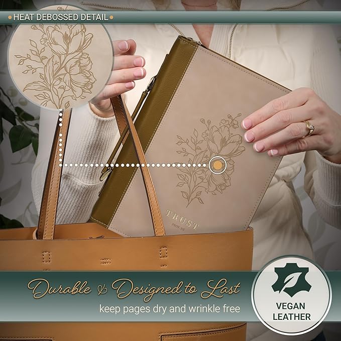 Christian Art Gifts Premium Vegan Leather Inspirational Bible Cover for Women: Trust Encouraging Bible Verse, Easy Carry Zippered Case, Pen Loops, Pockets, Debossed Florals, Pink & Light Brown, Medium