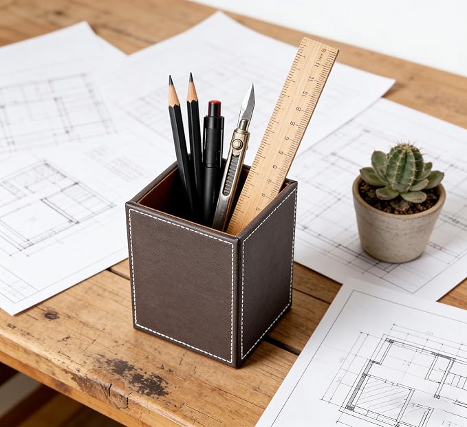 Square Pen Pencil Holder, PU Leather Pencil Cup, Desktop Stationery Organizer, Stand Desk Organizer, Office Accessories Container (Brown)
