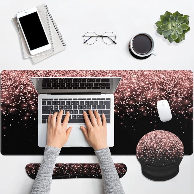 Britimes Rose Gold Pink Keyboard Mouse Pad Set Black Golden 4in1 Large Mousepad+Keyboard Wrist Rest+Mouse Wrist Rest+Coaster Ergonomic Design for Home Office Computer 35.4x15.7 inches