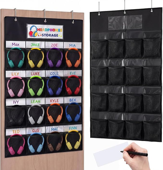 AmazingSpark 16 Pockets Classroom Headphone Storage Thickened Non-woven Fabric Mesh Pocket Chart over The Door Hanging Cell Phone Organizer with Signed Card for Back to School Library Classroom,Black