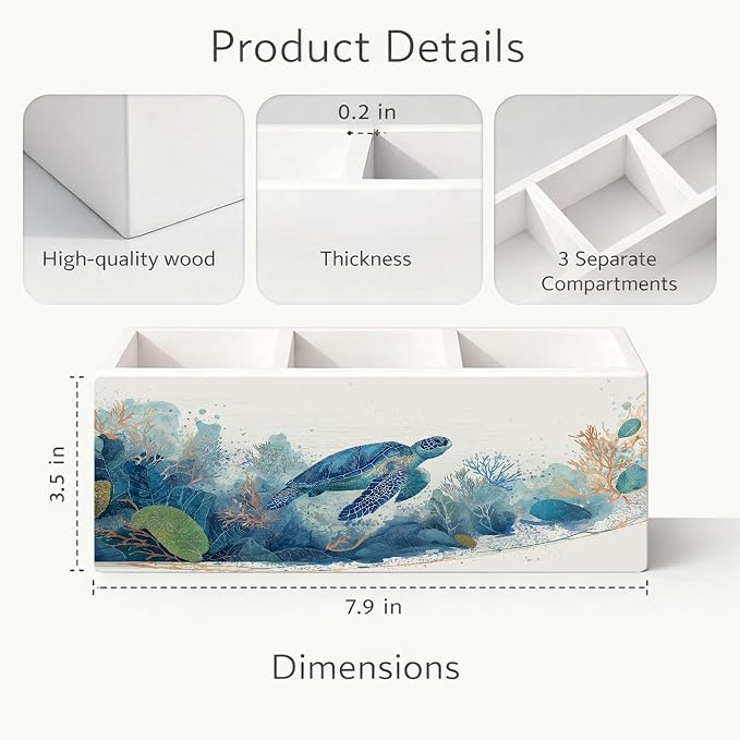 Sea Turtle Desk Organizer Wooden Pen Pencil Holder for Desk, 3 Compartments Ocean Themed Accessories, Coastal Turtle Lover Decor for Home Office Table Storage