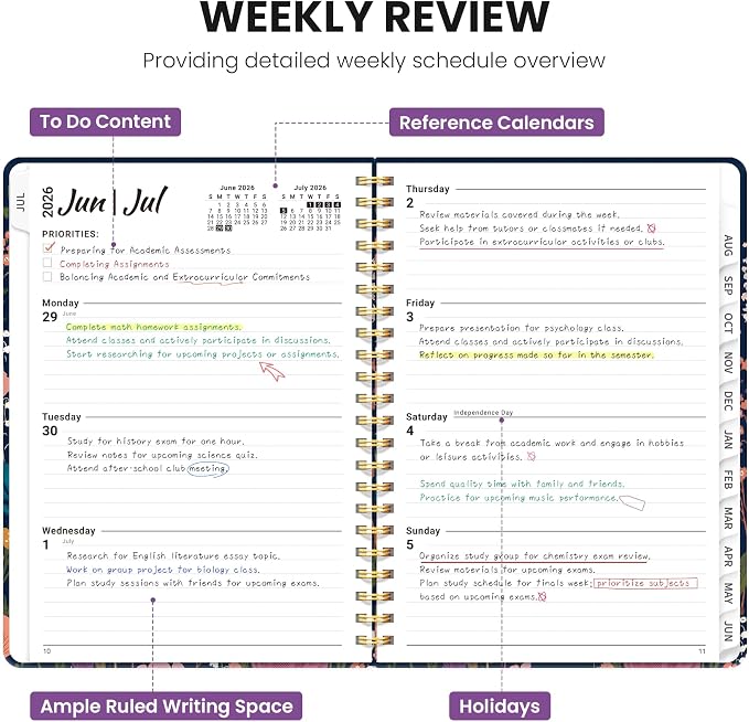 Planner 2026–2027, Academic Planner Weekly and Monthly Calendar Jul 2026 – Jun 2027 Hardcover Planner with Tabs and Pocket, Spiral Bound Agenda Book for Student & Teacher, 8.5" x 11", Ink Blossoms
