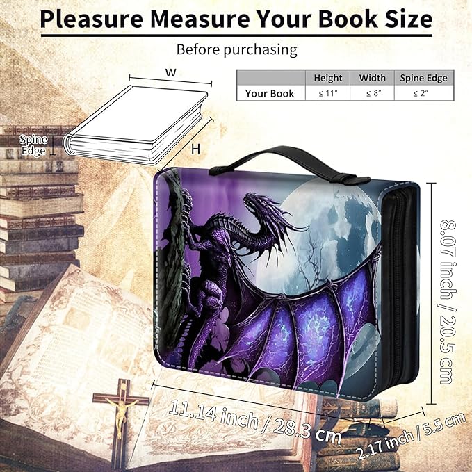 Bible Cover for Men,Large Leather Bible Case Fit Book Up to 11x8x2 Inch,Purple Arcient Dragon Bible Covers Bible Study Carrier Church Bags w/Handle & Zipper