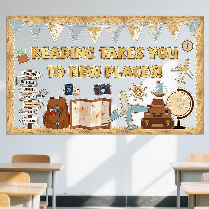 Travel The Map Reading Class Bulletin Board Set Adventure Classroom Decoration Back to School Reading Takes You to New Places Paper Cutouts for School Nursery Chalkboard Wall Door Decor Party Supplies