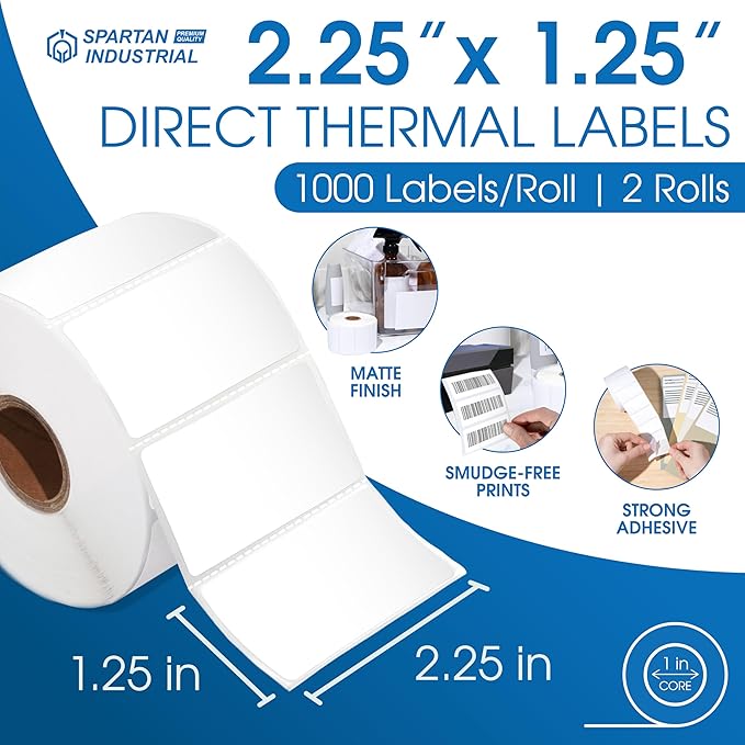 Spartan Industrial - 2.25" X 1.25" Direct Thermal Labels (2000 Count, 2 Rolls) - UPC Barcode Shipping Labels, FNSKU SKU Stickers, Thermal Sticker Paper Roll - Compatible with Zebra and Rollo Printers