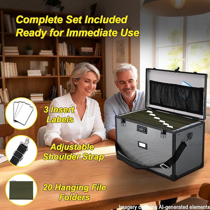 File Storage Cabinet File Organizer Document Organizer File Box in Office and Home with Combination Lock with 20 Legal Size Hanging Files (Diamond Black)