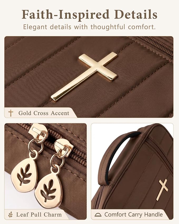 Wuflyover Bible Bag for Women with Study Set, Quilted Bible Cover Case with Handle, Bible Carrying Case for Church, Tabs, Notes, Pens and Highlighters, (Brown+Study Accessories)