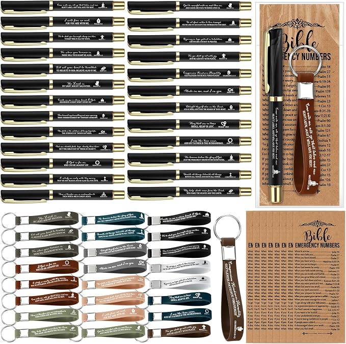 Feifeiya 25 Sets Father's Day Christian Church Gifts Bulk Bible Verse Plastic Gel Pen Religious Silicone Keychains Scripture Bookmarks for Men Women Empowerment Sunday Study Group Gifts(Black)