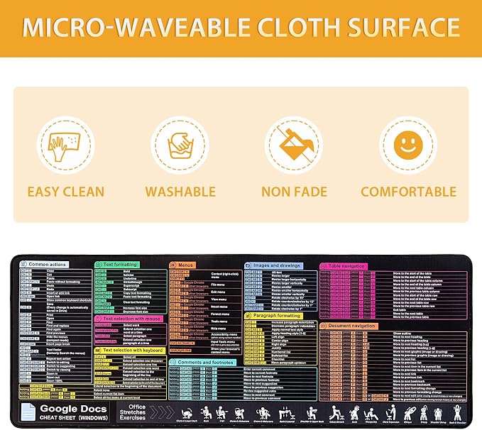 Google Docs Cheat Sheet Mouse Pad, Large Mousepad for Google Docs Shortcuts, Extended Gaming Pad for Mouse and Keyboard, High Definition Printing, Stitching,Waterproof, Anti Slip(Windows)