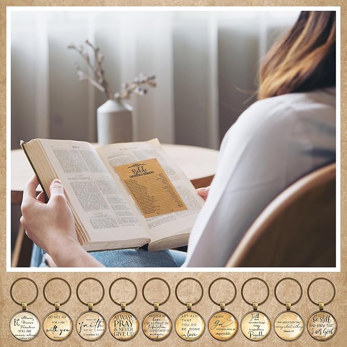 Tondiamo 40 Set Christian Fathers Day Keychain Gifts Bulk Bible Verse Religious Keychain Inspirational Keyring with Emergency Numbers Bookmarks Gifts for Graduation Stuffers Church Sunday School
