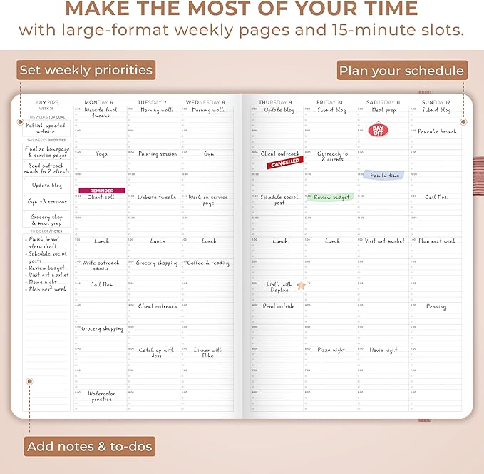 Clever Fox Appointment Book Dated Jan 2026-Jan 2027 – Hourly Schedule Planner with 15-Minute Increments – Time Box Planner for Daily Work & To-Dos – Hardcover, 8.3x11″ (Rose Gold)