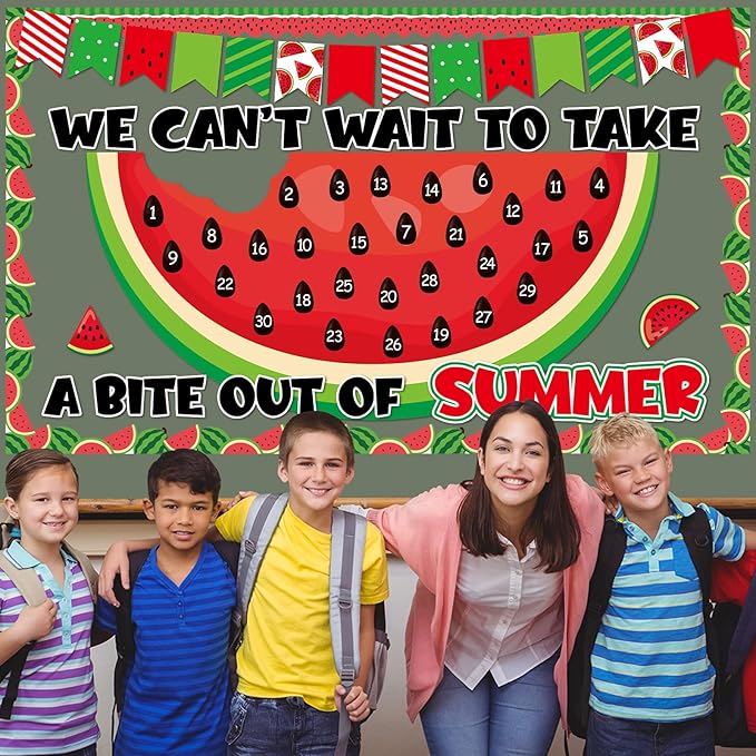 Summer Watermelon Countdown Bulletin Board Set Hello Welcome Summer Classroom Decoration Back to School Bulletin Board Colorful Wall Sticker Peel and Stick Cutouts for Classroom Chalkboard Wall Decor