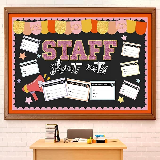 Mooliwe Bulletin Board Decoration Kit Staff Shout Out Bulletin Board Set with 20 Pcs Shout Out Appreciation and Recognition Cutouts for Office Appreciation Wall Door