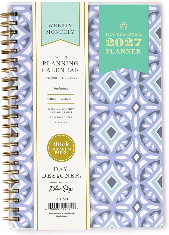 Blue Sky Day Designer 2027 Weekly and Monthly Planner Calendar, January 2027 - December 2027, 5" x 8", Flexible Cover, Durable Twin Wire Binding, Storage Pocket, Includes Stickers, Tile