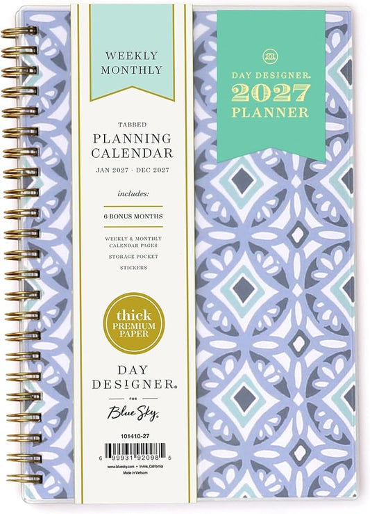 Blue Sky Day Designer 2027 Weekly and Monthly Planner Calendar, January 2027 - December 2027, 5" x 8", Flexible Cover, Durable Twin Wire Binding, Storage Pocket, Includes Stickers, Tile