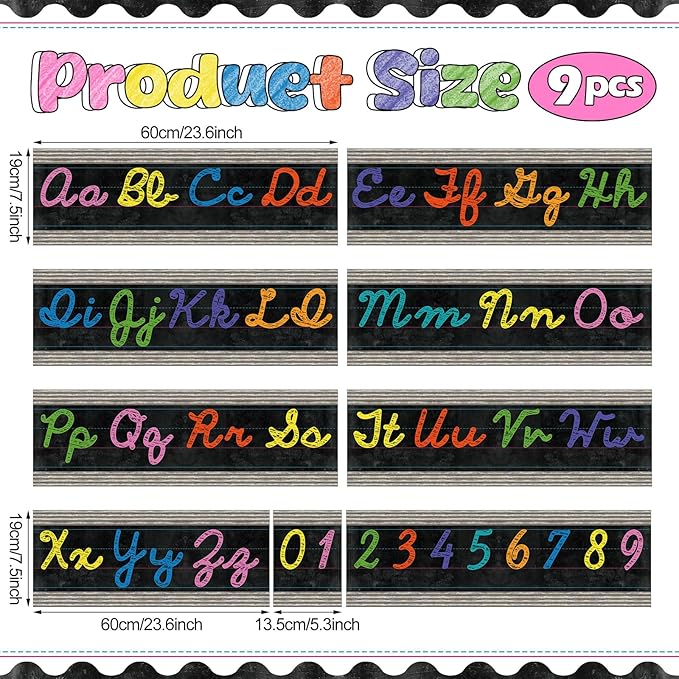 Set of 9 Cursive Writing Bulletin Board Cursive Alphabet Wall Strip for Teacher Supplies, Classroom Teaching Tool, Homeschooling, Kids Education (Vibrant)