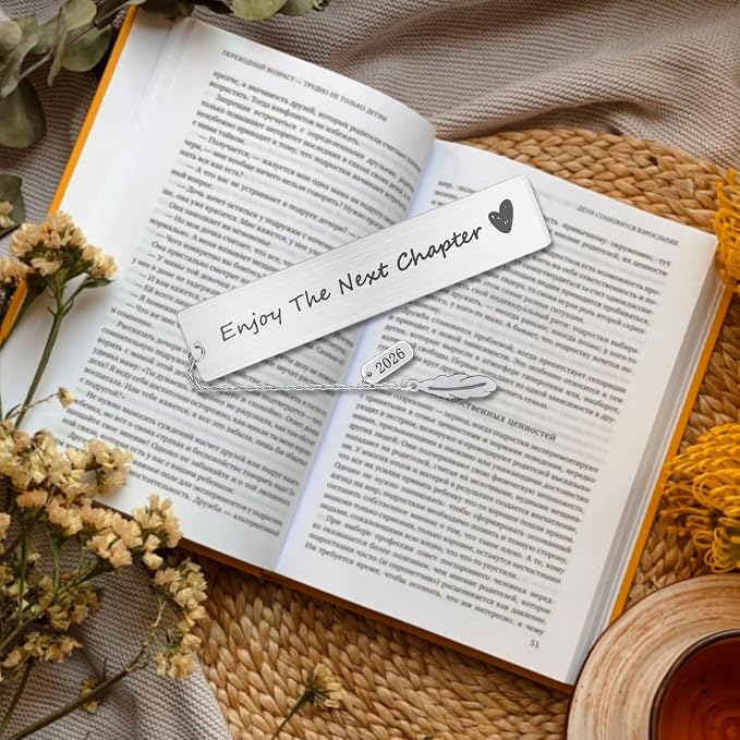 FunisFun Appreciation Gifts for Teachers, Enjoy The Next Charpter 2026 Metal Bookmark for Reading Lovers Writers Friends Coworker Teens, Book Accessories for Christmas New Year Graduation
