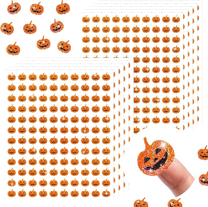 Whaline 1200Pcs Halloween Mini Laser Stickers Orange Pumpkin Self-Adhesive Stickers Sparkly Label Decals for Craft Scrapbook Envelope Card Teacher Reward, 10 Sheets