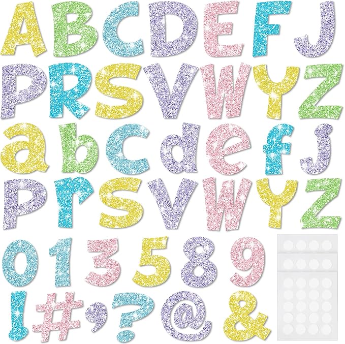 Colarr 216 Pcs Glitter Bulletin Board Letters for Classroom Number Alphabet Punctuation Symbol Cutout 4'' Die-Cut Poster Letter with Adhesive Dot School Party Holiday Decor Display(Mixed)