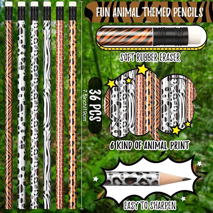 36 Pcs Animal Jungle Print Pencils Cheetah Safari Party Favor Back to School Gifts for Student Wood Zoo African Animal Leopard Cheetah Pencils with Eraser Teacher Appreciation Supplies, 6 Styles