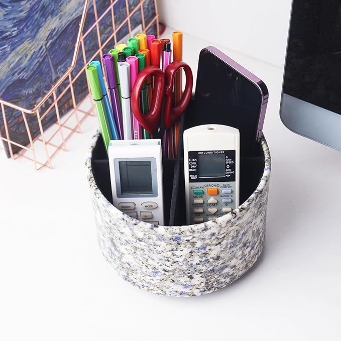 Round Leather Art Supply Organizer,Remote Control Holder,360-degree Rotating Pen Organizer with 4 Compartments(1-Marble Flower)