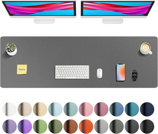Aothia Faux Leather Desk Mat - Non-Slip PU Leather Desk Blotter, Waterproof Writing Surface, Large Desk Pad for Office & Home (Grey, 55" x 17")