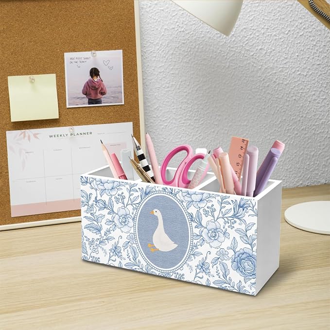 Blue and White Floral Goose Pen Holder for Desk, Chinoiserie Flower Goose Pencil Organizer, Grand Millenial Animal Wooden Box Sign Desk Decor for Girl Nursery Home Office Decoration