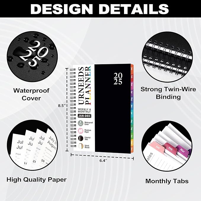 2025 Planner - Weekly Monthly Planner 2025, Calendar Planner from January 2025 to December 2025 with Spiral Bound, Colorful Tabs, 6.4'' x8.5'' - Black