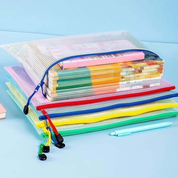 FERENLI 10 Pcs 13.2x9.4 inch Mesh Zipper Pouch Bags with Semi-Transparent Mesh Waterproof Zip Files Bags for Stationery Files Toys Makeup Tools Home Office School Travel Organization(A4, Colorful)