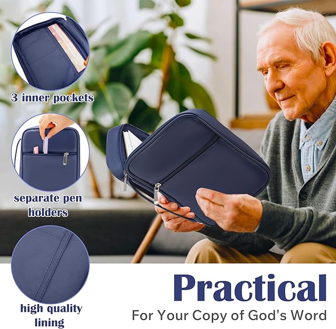 Small Bible Cover Case for Women and Men, 9x6 PU Leather Bible Sleeve, Compact Travel Bible Carrier Bag with Front Pen Holders, Zipper Closure, Inner Pockets - Navy Blue