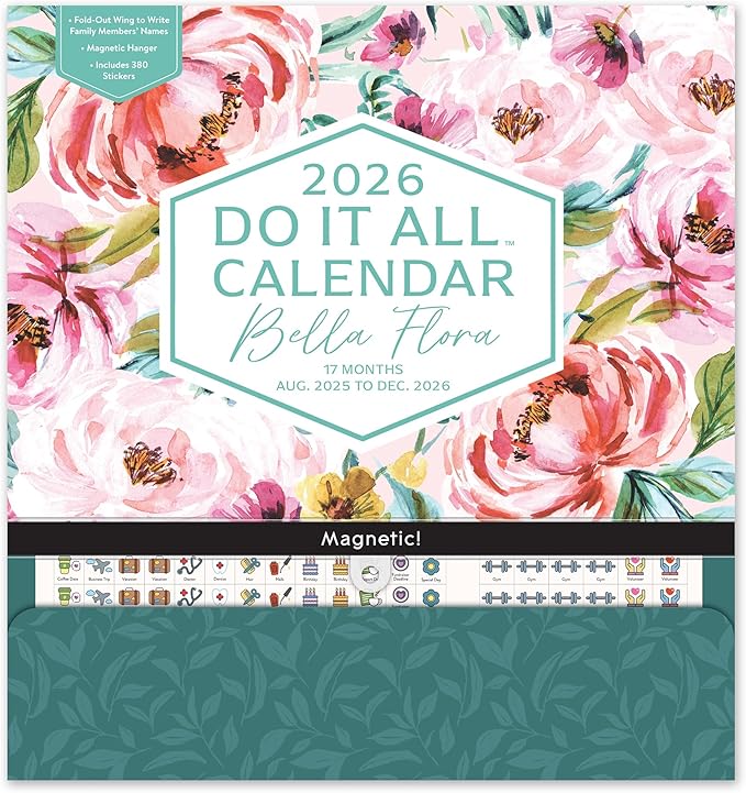 Orange Circle Studio 2026 Do It All Wall Calendar, Bella Flora, Family Monthly and Weekly Planner, Hanging Organizer, Aesthetic for Office, Home or School Use, Magnetic and Nail Hanging Options