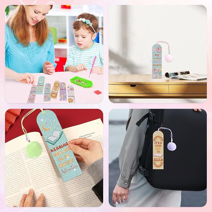 6PCS Kids Diamond Art Bookmarks Kit– DIY Reading Gifts for Classroom, Inspirational Quote Designs – Fun Art & Craft Activity for Boy and Girls