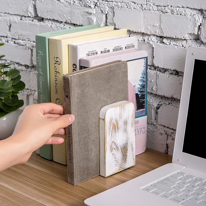 MyGift Farmhouse Book Ends for Shelves, Vintage Decorative Bookends, Bookends Display Organizer, Book Holder Stopper, Office Desk Decor, Whitewashed