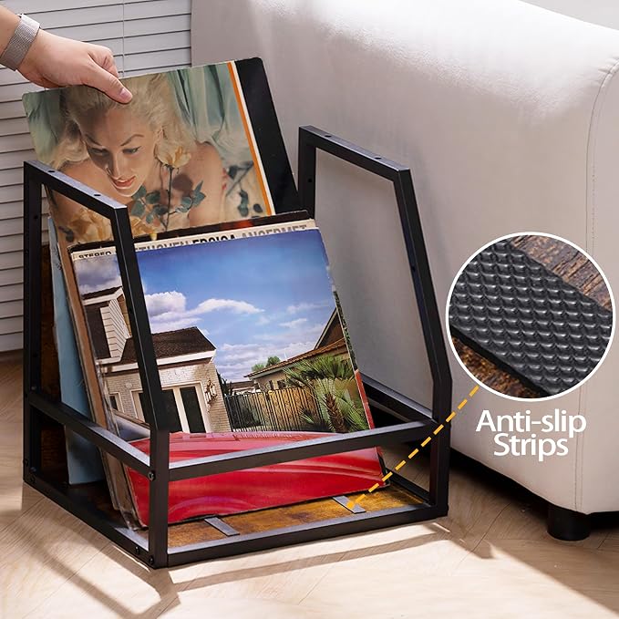 Y&M 2 In 1 Vinyl Record Storage Crate, 2 Pack Wood LP Holder, Wall Mount or Desktop Metal Album Organizer, Holds 80+ Records, Multifunctional Stackable Magazine Display Shelf, Brown