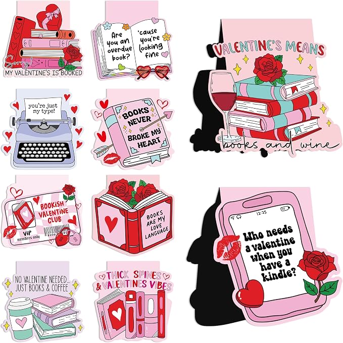 Valentines Day Magnetic Bookmarks, 10 Pcs Cute Pink Magnet Book Marks for Reading Women Book Lovers, Valentine Bookish Gifts for Her, Romantic Page Marker Clips for Journals Novels
