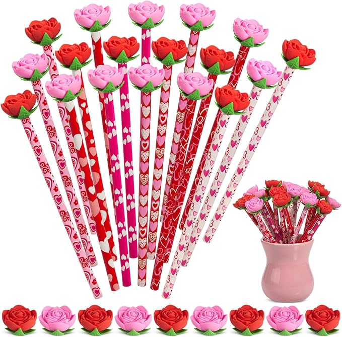 Gersoniel 36 Pcs Valentines Pencils 18 Valentines Day Pencil 18 Giant Rose Eraser Stationary Set for Valentine kid Classroom Reward Students gift Party Favors Goodie Stuffer School Teacher (Valentine)