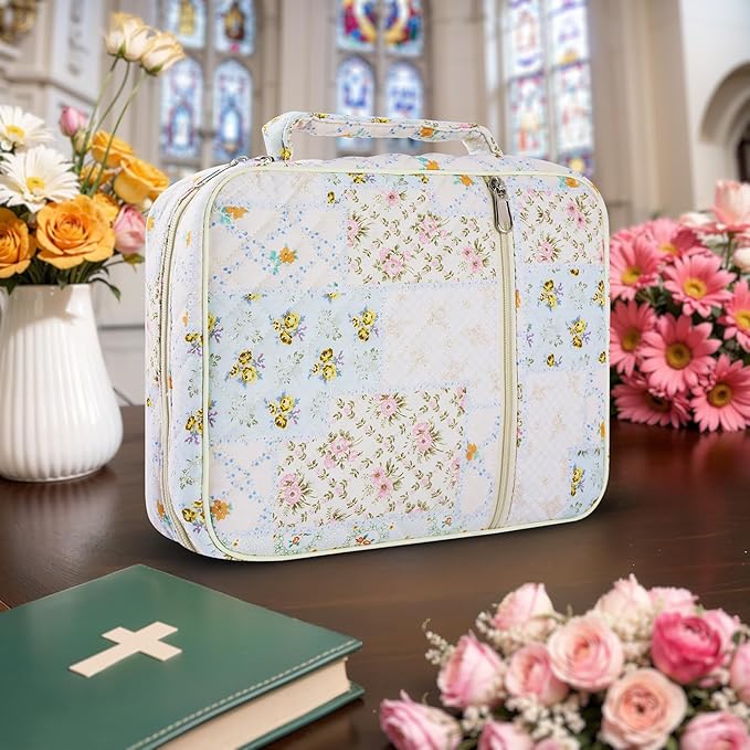 WOBAGMEN Bible Cover Case for Women,Large Bible Tote Bags Organizer Quilted Carrying Case for Girls,Bible Study Supplies Accessories Christian Gifts for Women (Colorful Floral, M)