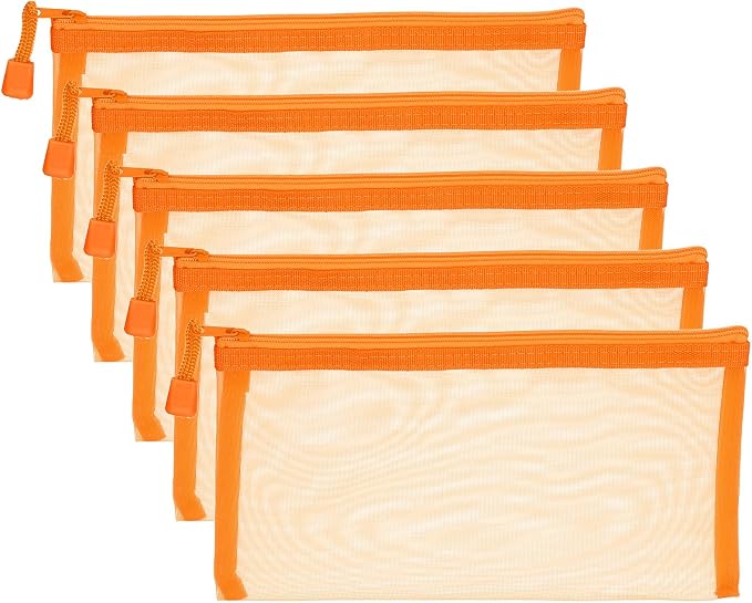 PATIKIL B6 Mesh Zipper Pouch Bags, 5 PCS Mesh Bags with Zipper Plastic Storage Pocket for Organizing File Beads Office Home Supplies, 11.5x23cm, Orange