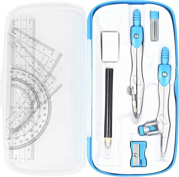 Vobou Math Geometry Kit Sets 10 Piece Student Supplies with Shatterproof Storage Box,Includes Rulers,Protractor,Compass,Eraser,Pencil Sharpener,Lead Refills,Pencil,for Drafting and Drawings（Blue）