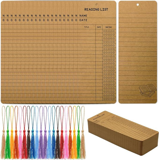 DSYIL 100 Sets Reading List Bookmarks with Tassels - 3x8 Library Card Book Marks Bulk, Cardstock Reading Log and Book Tracker for Book Lovers, Book Clubs & Back-to-School Supplies (Brown)